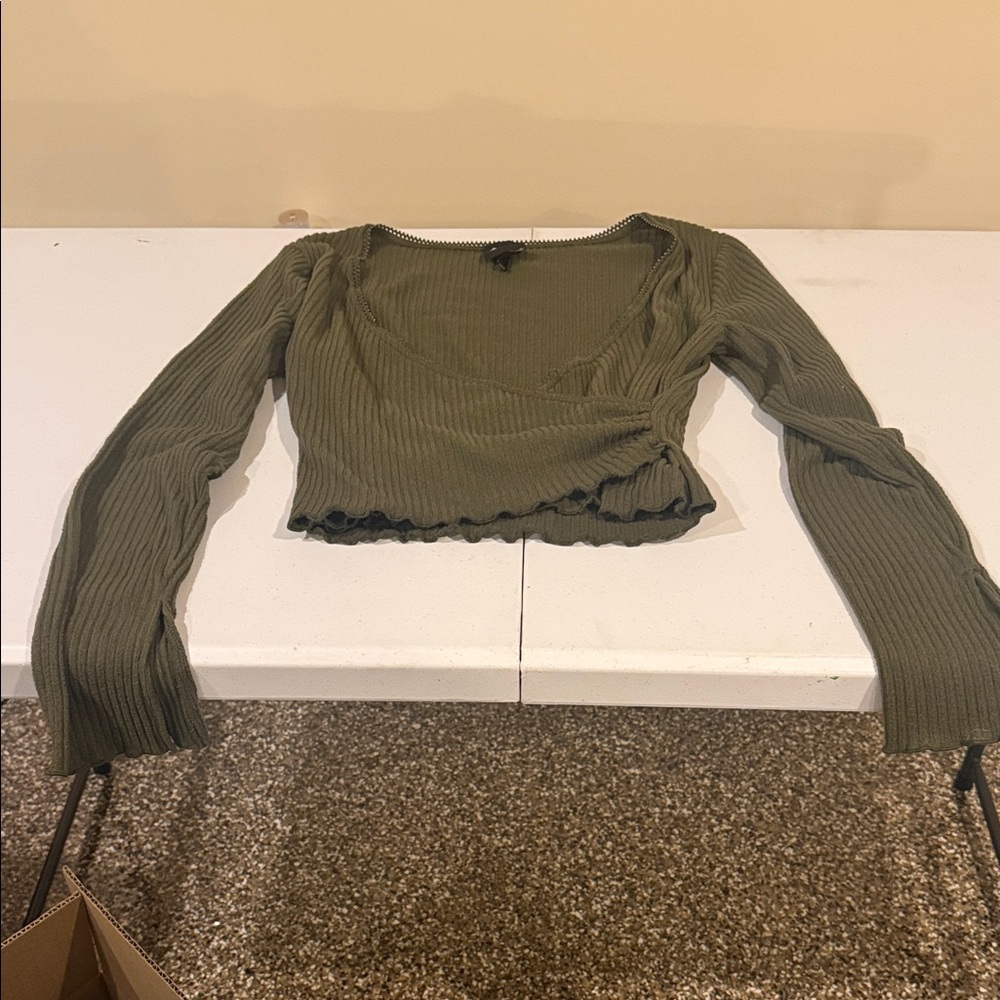 Olive Green Ribbed Wrap Top
